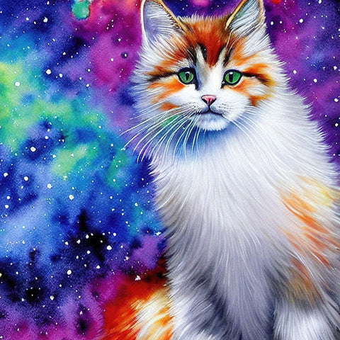 Galaxy Cat White Modern Wood Framed Art Print with Double Matting by Dundon, Denise