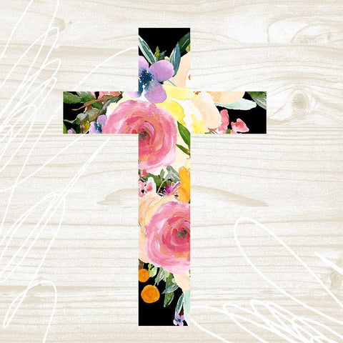 Floral Cross Black Ornate Wood Framed Art Print with Double Matting by Wieners, Valerie