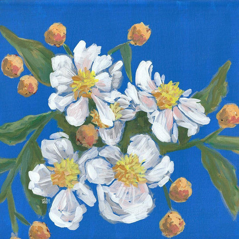 Blue White Flowers White Modern Wood Framed Art Print with Double Matting by Wieners, Valerie