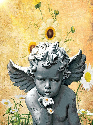 Angel and Daisies White Modern Wood Framed Art Print with Double Matting by Burney, Yvonne Coleman