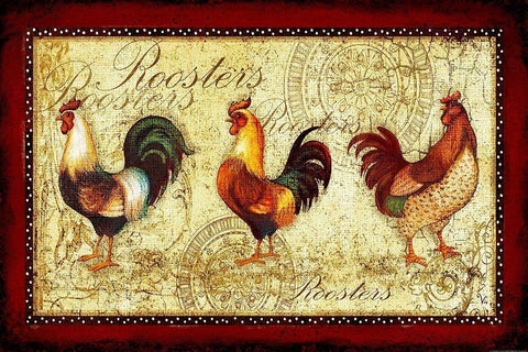 Rooster Trio White Modern Wood Framed Art Print with Double Matting by Yellow Cafe