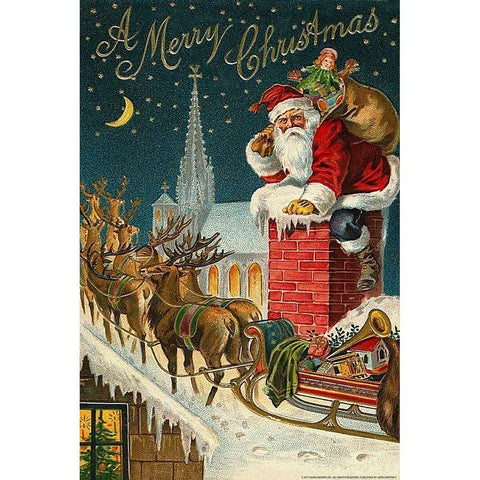 Santa Chimney Gold Ornate Wood Framed Art Print with Double Matting by Yellow Cafe