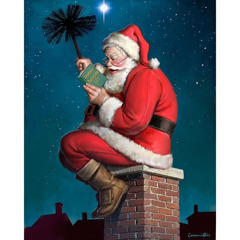 Santa on Chimney Gold Ornate Wood Framed Art Print with Double Matting by Yellow Cafe
