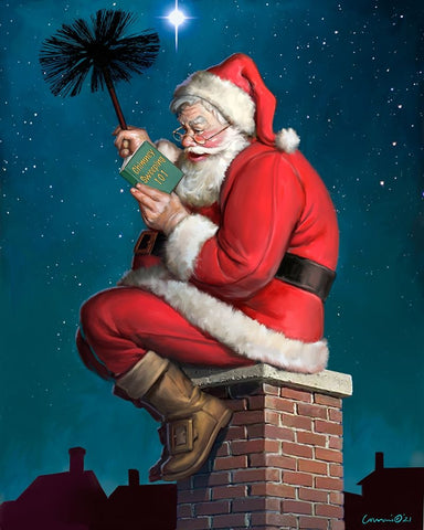 Santa on Chimney Black Ornate Wood Framed Art Print with Double Matting by Yellow Cafe