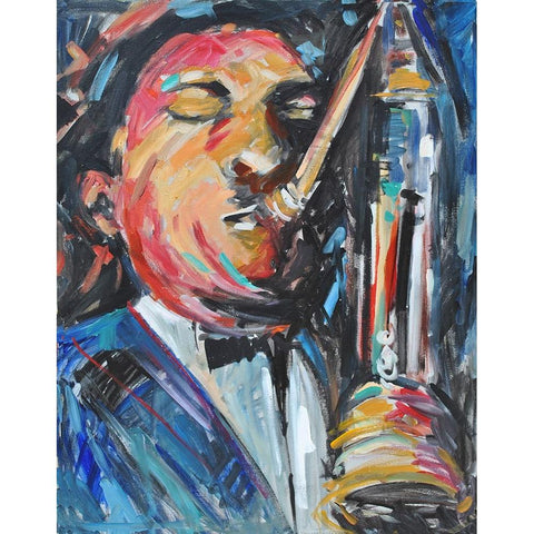 Sax Man White Modern Wood Framed Art Print by Yellow Cafe