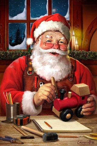 Santa in Workshop Black Ornate Wood Framed Art Print with Double Matting by Yellow Cafe