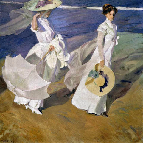 Strolling along the Seashore White Modern Wood Framed Art Print by Sorolla y Bastida, Joaquin