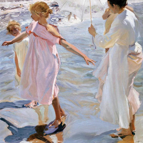 Time for a Bathe, Valencia Black Ornate Wood Framed Art Print with Double Matting by Sorolla y Bastida, Joaquin