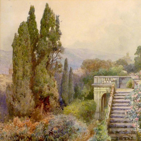 Terrace of Villa dEste, Tivoli, 1845 Black Modern Wood Framed Art Print by Roesler-Franz, Ettore