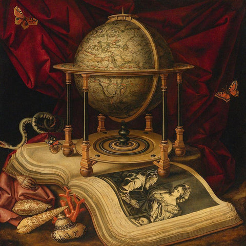 Still Life with Celestial Globe, a Book, Shells, a Snake and Butterflies  White Modern Wood Framed Art Print with Double Matting by Luyckx, Carstian