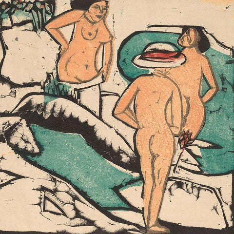 Women Bathing between White Stones Black Ornate Wood Framed Art Print with Double Matting by Kirchner, Ernst Ludwig