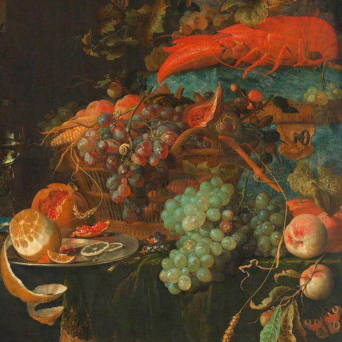 Still Life with Fruit and a Goldfinch (detail) Black Ornate Wood Framed Art Print with Double Matting by Mignon, Abraham