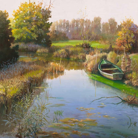 Sul fiume White Modern Wood Framed Art Print with Double Matting by Galasso, Adriano