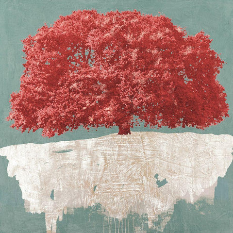 Red Tree on Aqua Black Ornate Wood Framed Art Print with Double Matting by Aprile, Alessio