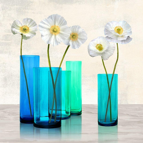 Poppies in crystal vases (Aqua I) Black Modern Wood Framed Art Print with Double Matting by Cynthia, Ann