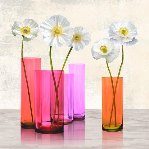 Poppies in crystal vases (Purple I) White Modern Wood Framed Art Print with Double Matting by Cynthia, Ann