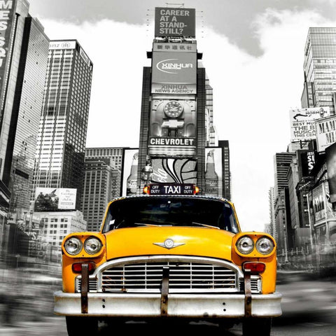 Vintage Taxi in Times Square, NYC (detail) White Modern Wood Framed Art Print with Double Matting by Lauren