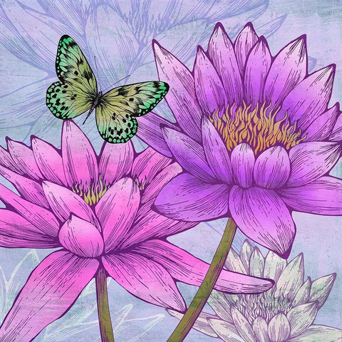 Nympheas and Butterflies (detail) Gold Ornate Wood Framed Art Print with Double Matting by Grant, Eve C.