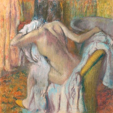 After the Bath- Woman Drying Herself Black Ornate Wood Framed Art Print with Double Matting by Degas, Edgar