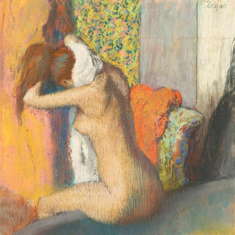 Apres le Bain- Femme Sessuyant la Nuque White Modern Wood Framed Art Print with Double Matting by Degas, Edgar