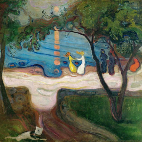 Dance on the Beach White Modern Wood Framed Art Print by Munch, Edvard