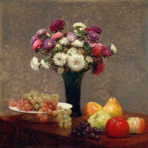 Asters and Fruit on a Table White Modern Wood Framed Art Print with Double Matting by Fantin-Latour, Henri
