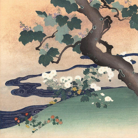 Tree, Stream and Flowers White Modern Wood Framed Art Print with Double Matting by Kogyo, Tsukioka