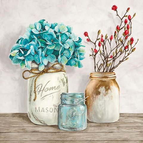 Floral composition with Mason Jars I White Modern Wood Framed Art Print with Double Matting by Jenny, Thomlinson
