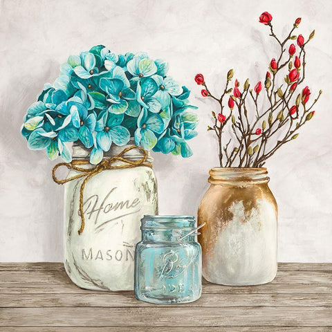 Floral composition with Mason Jars I White Modern Wood Framed Art Print by Jenny, Thomlinson
