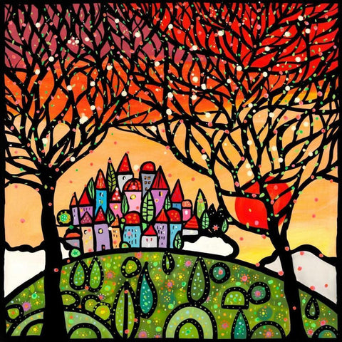 Gli alberi guardano il paese al tramonto White Modern Wood Framed Art Print by Wallas