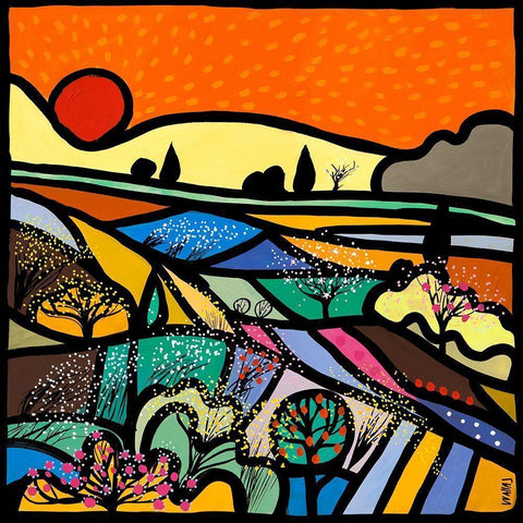 Lavender Fields at Sunset Black Modern Wood Framed Art Print with Double Matting by Wallas