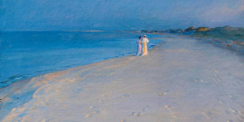 Summer evening at the South Beach, Skagen White Modern Wood Framed Art Print with Double Matting by KrÃ¸yer, Peder Severin