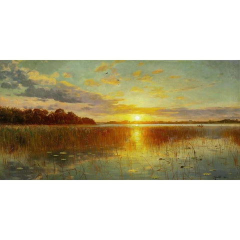 Sunset over a Danish Fiord Black Modern Wood Framed Art Print with Double Matting by Monsted, Peder Mork