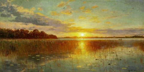 Sunset over a Danish Fiord Black Ornate Wood Framed Art Print with Double Matting by Monsted, Peder Mork