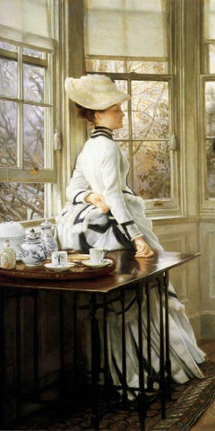 Reading the News (detail) White Modern Wood Framed Art Print with Double Matting by Tissot, James