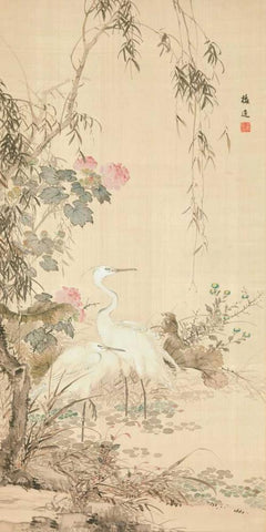 Willow and Herons  White Modern Wood Framed Art Print with Double Matting by Anonymous