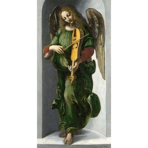 An Angel in Green with a Vielle Black Modern Wood Framed Art Print with Double Matting by After Leonardo da Vinci