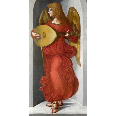 An Angel in Red with a Lute White Modern Wood Framed Art Print by After Leonardo da Vinci