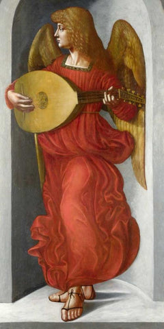 An Angel in Red with a Lute White Modern Wood Framed Art Print with Double Matting by After Leonardo da Vinci