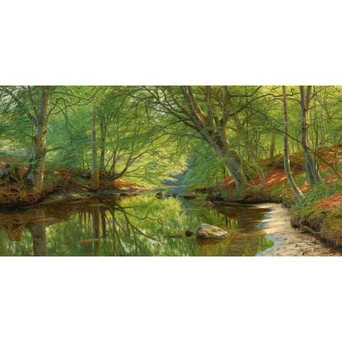 A stream through the woods Gold Ornate Wood Framed Art Print with Double Matting by MÃ¸nsted, Peder MÃ¸rk