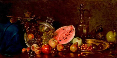 Still life with fruit Black Ornate Wood Framed Art Print with Double Matting by Wokos, Nikolaos