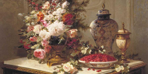 Floral composition on a table (detail) Black Ornate Wood Framed Art Print with Double Matting by Robie, Jean-Baptiste