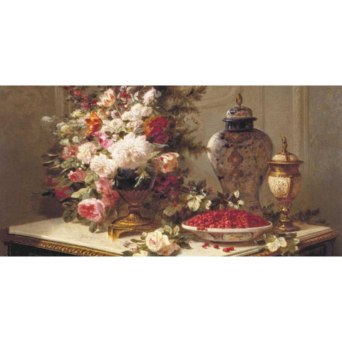 Floral composition on a table (detail) Gold Ornate Wood Framed Art Print with Double Matting by Robie, Jean-Baptiste