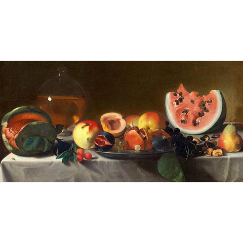 Still Life with Fruit and Carafe Black Modern Wood Framed Art Print with Double Matting by Pensionante del Saraceni