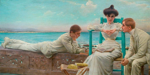 In lettura sul mare White Modern Wood Framed Art Print with Double Matting by Corcos, Vittorio Matteo