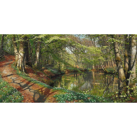 A spring day in the forest Gold Ornate Wood Framed Art Print with Double Matting by Monsted, Peder Mork