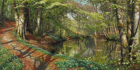 A spring day in the forest White Modern Wood Framed Art Print with Double Matting by Monsted, Peder Mork