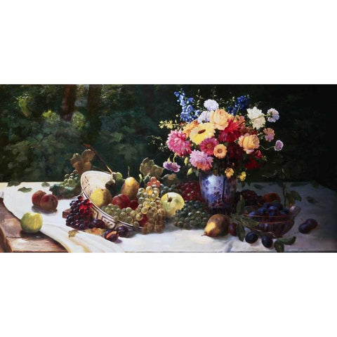 Vase of Flowers and Fruit on a Draped Table White Modern Wood Framed Art Print by Burghardt, Adam