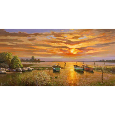 Laguna al tramonto Gold Ornate Wood Framed Art Print with Double Matting by Galasso, Adriano