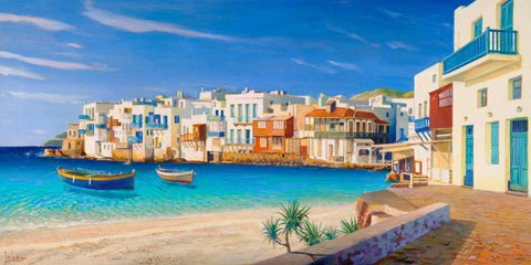 Mykonos White Modern Wood Framed Art Print with Double Matting by Galasso, Adriano